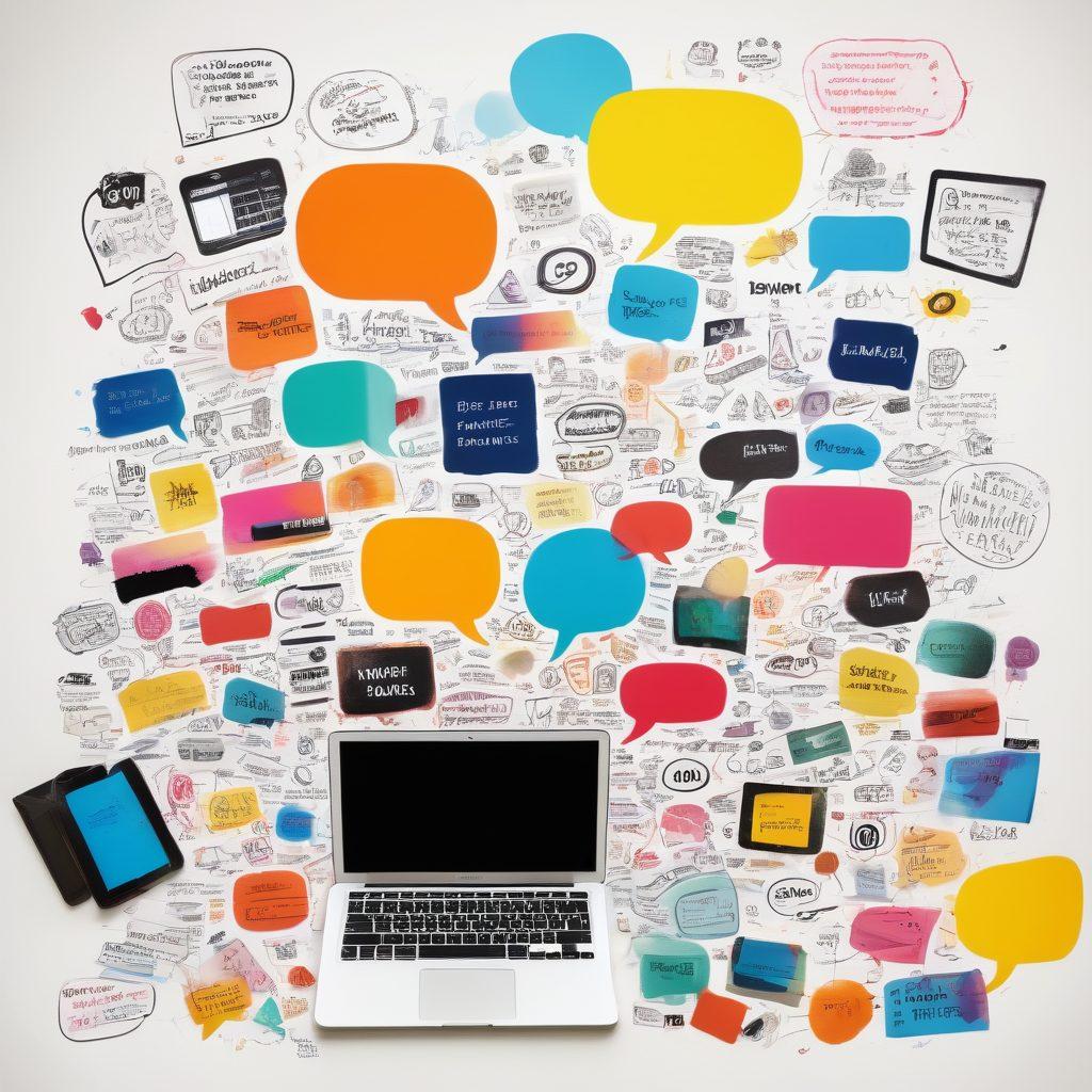 A vibrant collage of diverse writers connecting through social media platforms, showcasing a variety of voices and styles. Include laptops, notebooks, and mobile devices with colorful notifications and speech bubbles representing dialogue. The background features artistic representations of different writing genres like poetry, fiction, and blogging. The overall atmosphere is lively, energetic, and inspiring. super-realistic. vibrant colors. white background.
