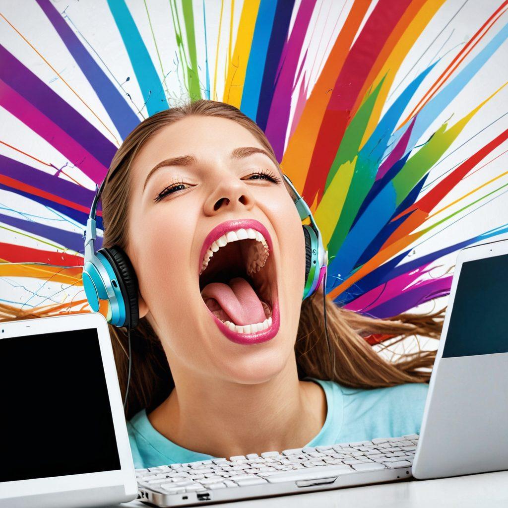 An open mouth emitting colorful sound waves that transform into vibrant blog post pages and digital devices, symbolizing the power of voice and expression. The background features a diverse group of enthusiastic bloggers at their desks, depicted with creativity and joy. Bright and inviting colors that evoke a sense of community and freedom of expression. super-realistic. vibrant colors. white background.