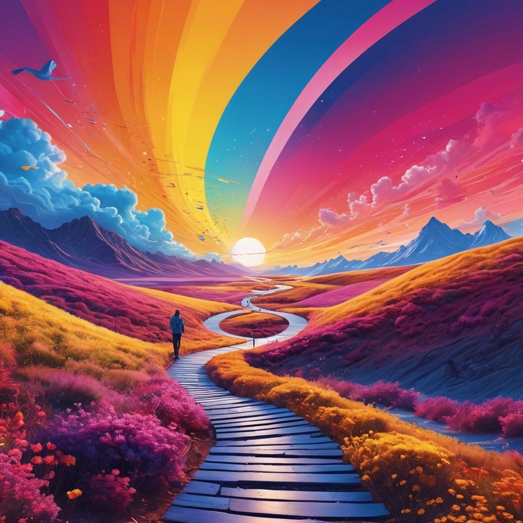 An abstract representation of a digital landscape, featuring a pathway lined with interconnected blogs and social media icons, symbolizing the various avenues a writer can explore. Include a figure of a writer holding a laptop, looking towards a bright horizon filled with vibrant ideas and words floating in the air. The sky should have a gradient of colors representing creativity and inspiration. futuristic style. vibrant colors. digital art.